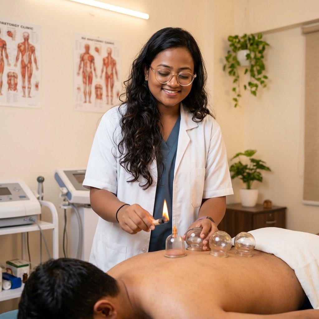 Dr. Pushpa Sharma applying cupping therapy for muscle recovery and pain relief in Mumbai